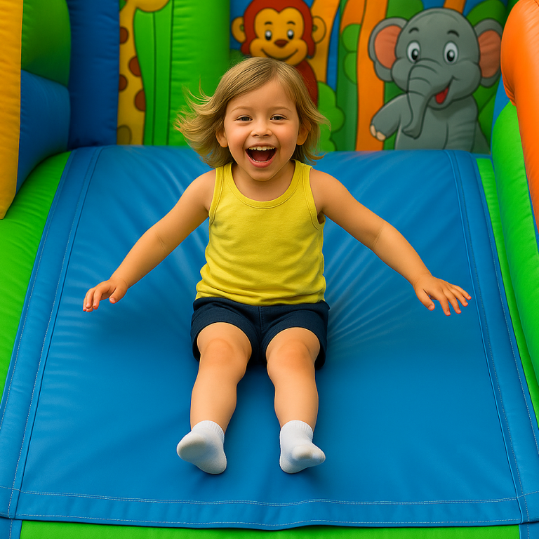 Tu fuente de diversión en hinchables infantiles Niña divirtiéndose en castillo hinchable con tobogán